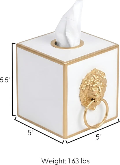 Tissue Holder White Square Metal Gold Cube Cover, Lion Motif | Matte Hand-Painted Finish, Fits Facial Boxes, Footed Regency Style, Open Bottom, Nursery Vanity