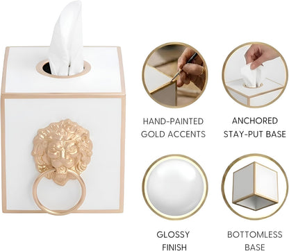 Tissue Holder White Square Metal Gold Cube Cover, Lion Motif | Matte Hand-Painted Finish, Fits Facial Boxes, Footed Regency Style, Open Bottom, Nursery Vanity