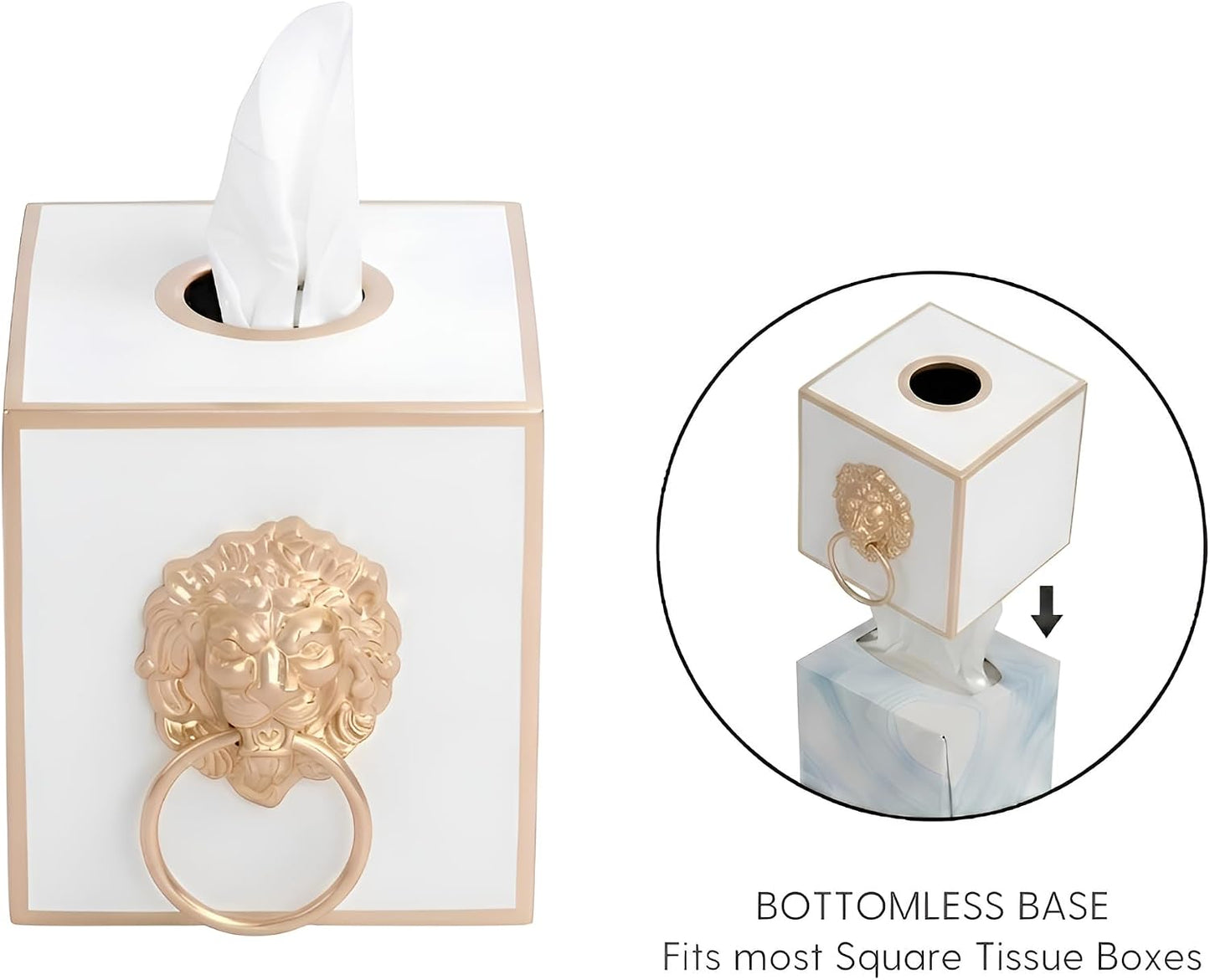 Tissue Holder White Square Metal Gold Cube Cover, Lion Motif | Matte Hand-Painted Finish, Fits Facial Boxes, Footed Regency Style, Open Bottom, Nursery Vanity