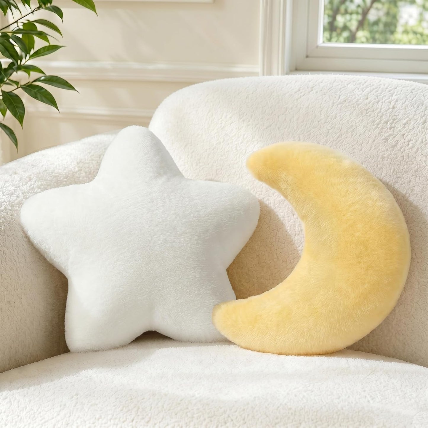 2PCS Moon Star Pillow Set, Cute Decorative Throw Pillows for Bed Couch | 15.35’’ Yellow White Moon Star Shaped Throw Pillows, Soft Faux Plush Pillows for Bedroom, Living Room Decor