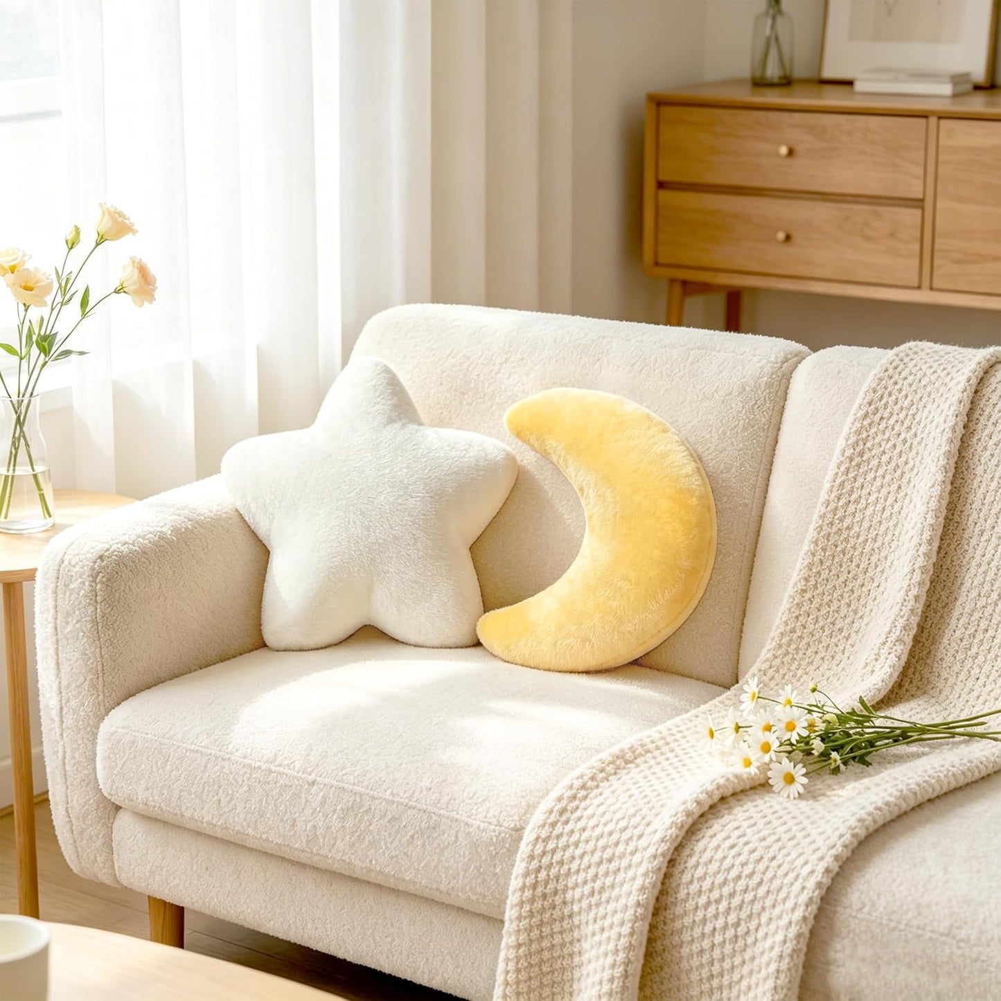2PCS Moon Star Pillow Set, Cute Decorative Throw Pillows for Bed Couch | 15.35’’ Yellow White Moon Star Shaped Throw Pillows, Soft Faux Plush Pillows for Bedroom, Living Room Decor