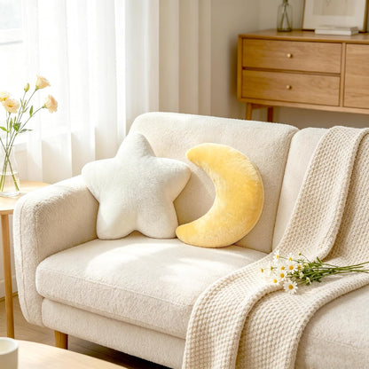 2PCS Moon Star Pillow Set, Cute Decorative Throw Pillows for Bed Couch | 15.35’’ Yellow White Moon Star Shaped Throw Pillows, Soft Faux Plush Pillows for Bedroom, Living Room Decor