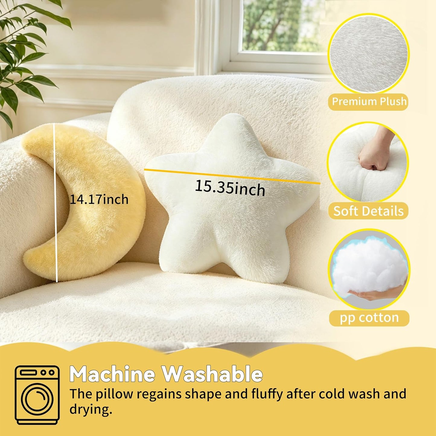 2PCS Moon Star Pillow Set, Cute Decorative Throw Pillows for Bed Couch | 15.35’’ Yellow White Moon Star Shaped Throw Pillows, Soft Faux Plush Pillows for Bedroom, Living Room Decor
