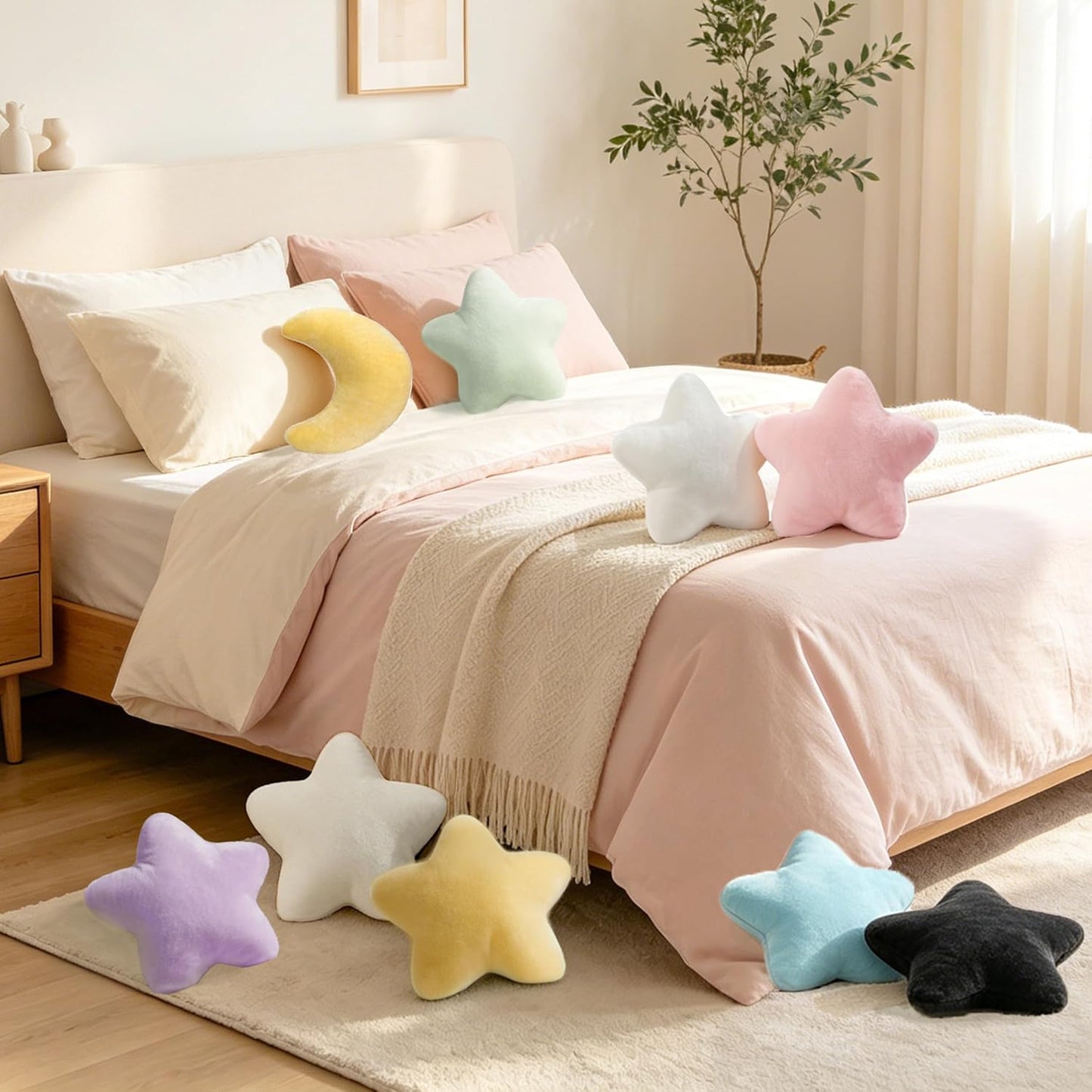 2PCS Moon Star Pillow Set, Cute Decorative Throw Pillows for Bed Couch | 15.35’’ Yellow White Moon Star Shaped Throw Pillows, Soft Faux Plush Pillows for Bedroom, Living Room Decor