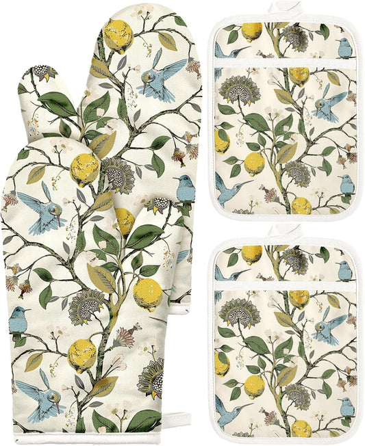 Cotton Oven Mitts and Pot Holders Sets - Quilted Lining Heat Resistant 4 Pieces Set with Hanging Loop Cute Farmhouse Boho Spring Kitchen Decor and Accessories, Lemon Bird