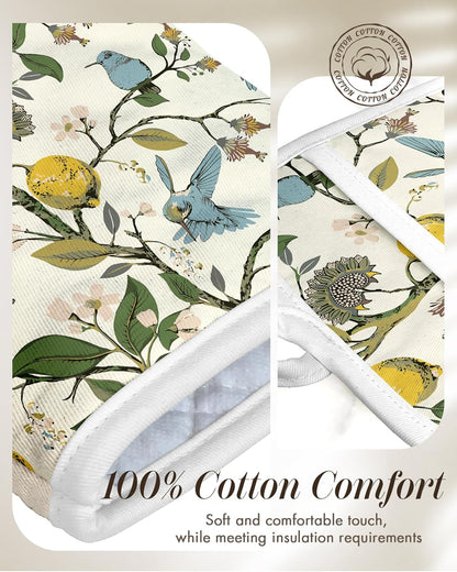 Cotton Oven Mitts and Pot Holders Sets - Quilted Lining Heat Resistant 4 Pieces Set with Hanging Loop Cute Farmhouse Boho Spring Kitchen Decor and Accessories, Lemon Bird