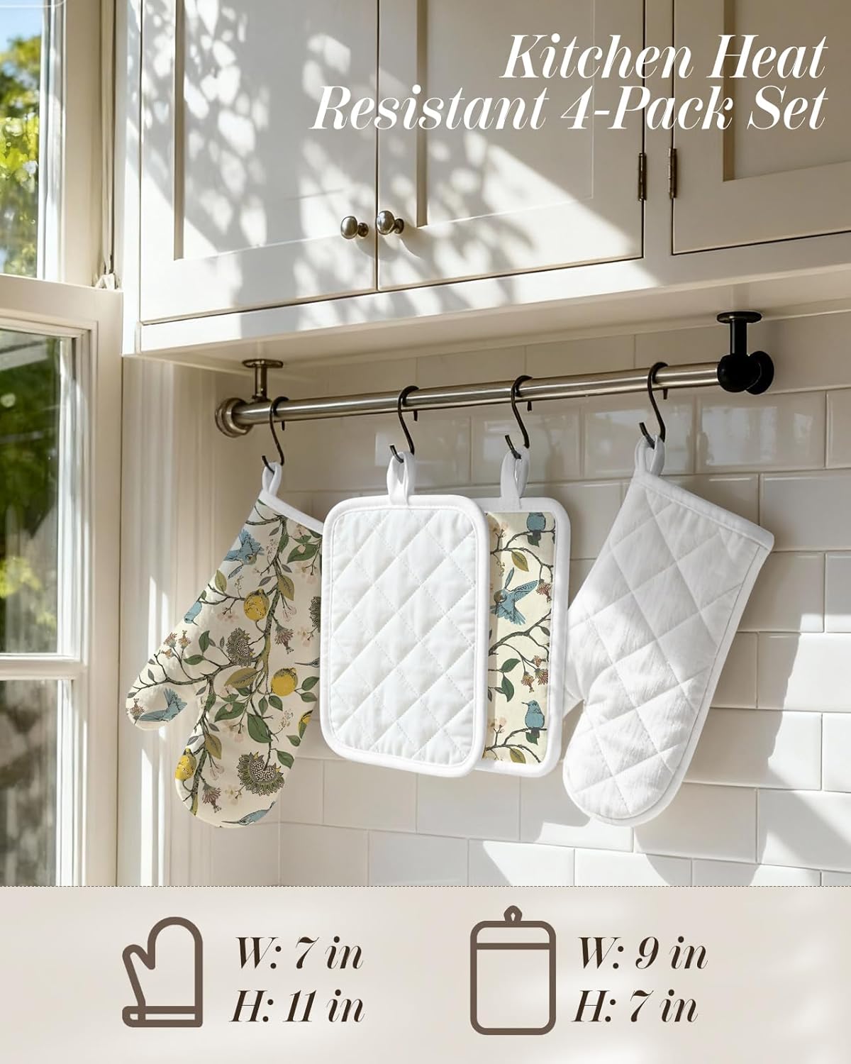 Cotton Oven Mitts and Pot Holders Sets - Quilted Lining Heat Resistant 4 Pieces Set with Hanging Loop Cute Farmhouse Boho Spring Kitchen Decor and Accessories, Lemon Bird