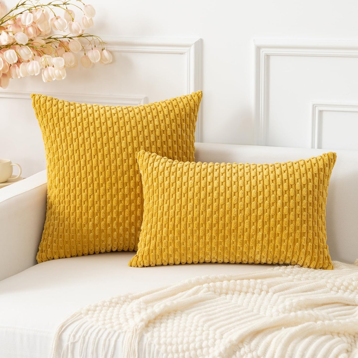 Soft Corduroy 16"x24" Pillow Cover 1 Pack, Mustard Yellow | Boho Stripe Plush Corduroy Decorative Oblong Cushion Cover Modern Farmhouse Home Decor for Sofa Couch Bed Chair