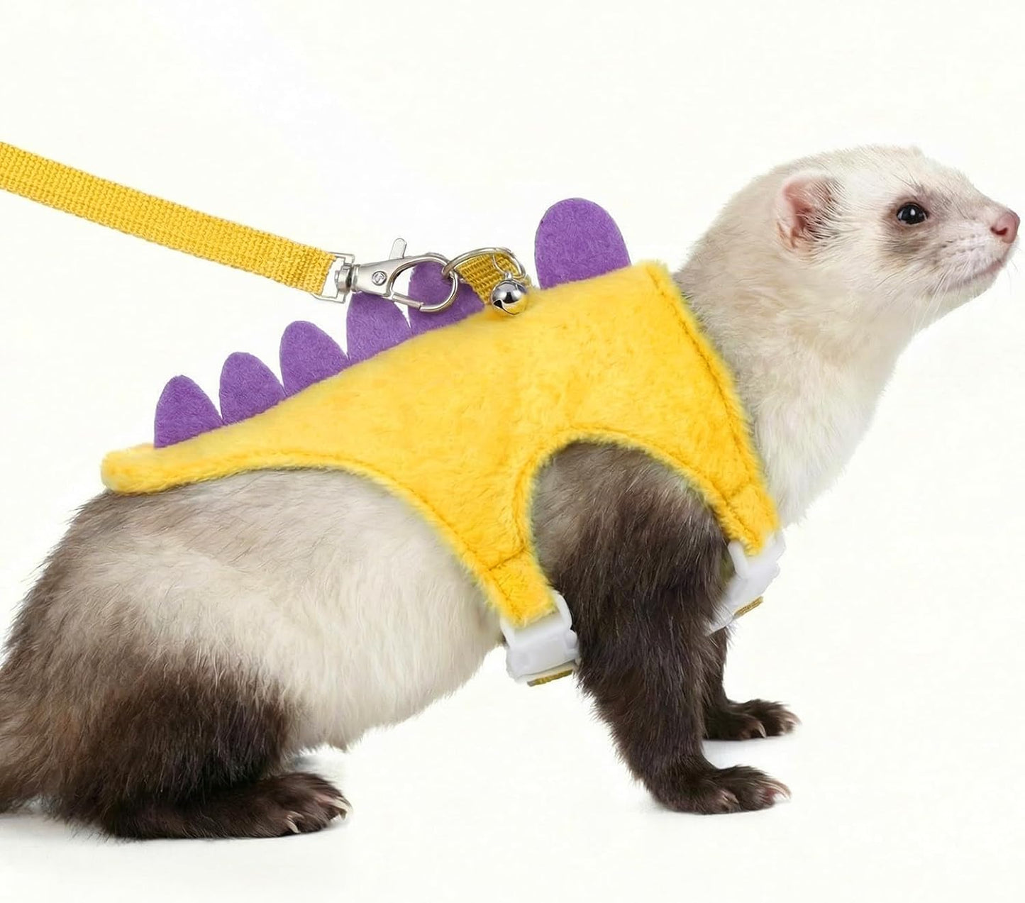 Ferret Harness and Leash Set Dinosaur Shaped Stuffed Animal Harness Adjustable Vest with Safe Bell for Baby Rabbit Guinea Pig Rat Hedgehog and Other Small Animals Yellow