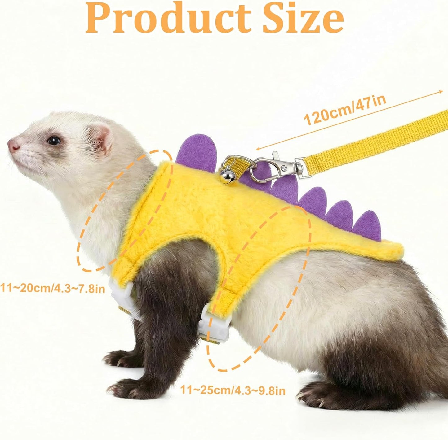 Ferret Harness and Leash Set Dinosaur Shaped Stuffed Animal Harness Adjustable Vest with Safe Bell for Baby Rabbit Guinea Pig Rat Hedgehog and Other Small Animals Yellow