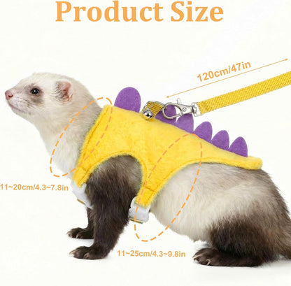 Ferret Harness and Leash Set Dinosaur Shaped Stuffed Animal Harness Adjustable Vest with Safe Bell for Baby Rabbit Guinea Pig Rat Hedgehog and Other Small Animals Yellow