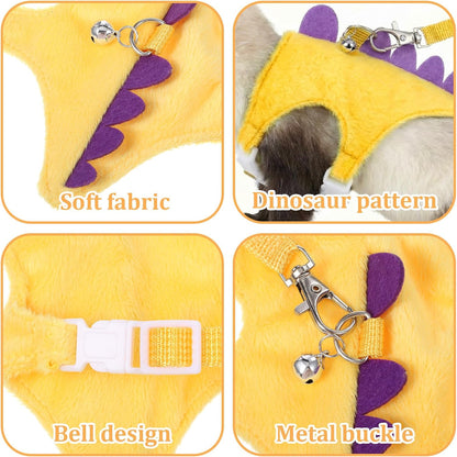 Ferret Harness and Leash Set Dinosaur Shaped Stuffed Animal Harness Adjustable Vest with Safe Bell for Baby Rabbit Guinea Pig Rat Hedgehog and Other Small Animals Yellow