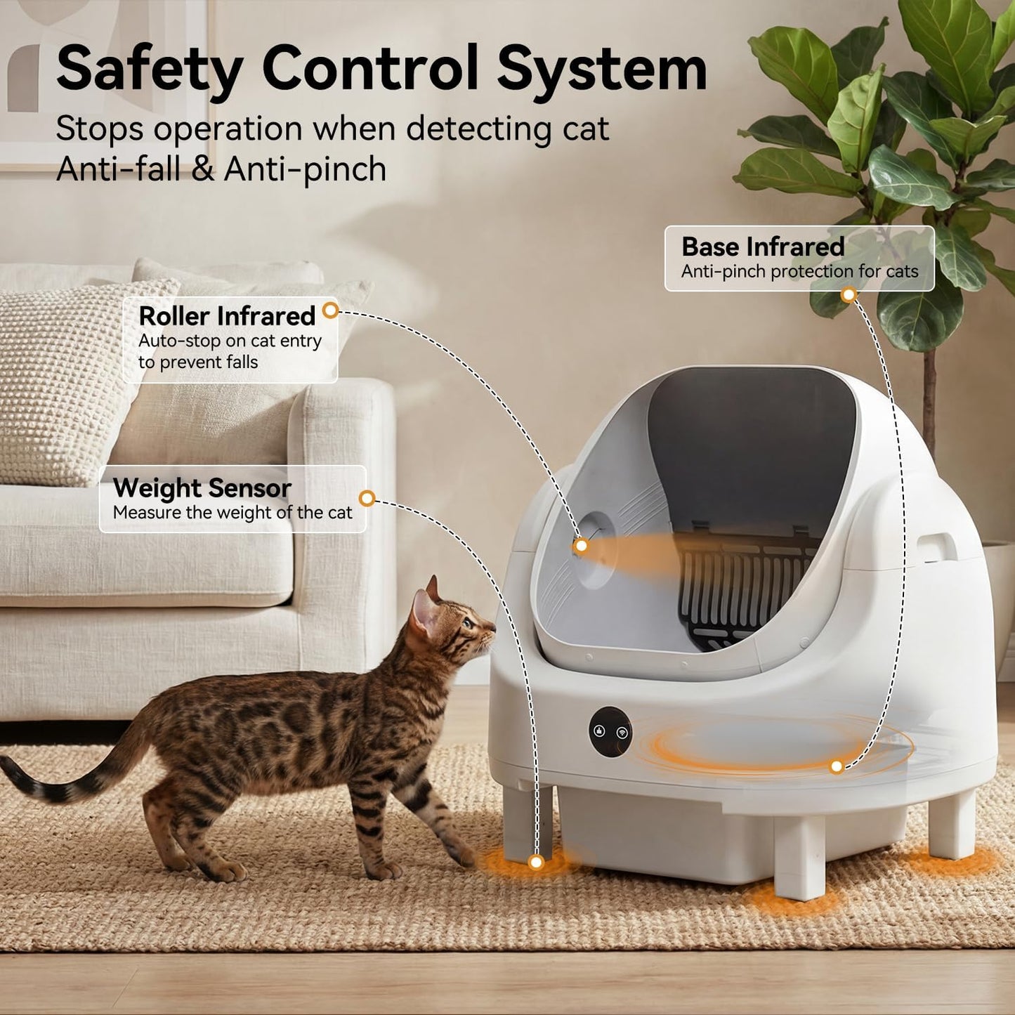 Automatic Litter Box App Control Self Cleaning Litter Box Odor Control＆Safety Protection for Multiple Cats with Garbage Bag, Cat Litter Mat and Fragrance Box, Ivory