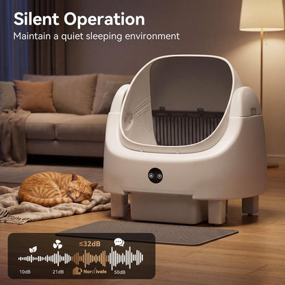 Automatic Litter Box App Control Self Cleaning Litter Box Odor Control＆Safety Protection for Multiple Cats with Garbage Bag, Cat Litter Mat and Fragrance Box, Ivory
