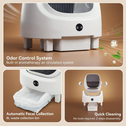 Automatic Litter Box App Control Self Cleaning Litter Box Odor Control＆Safety Protection for Multiple Cats with Garbage Bag, Cat Litter Mat and Fragrance Box, Ivory