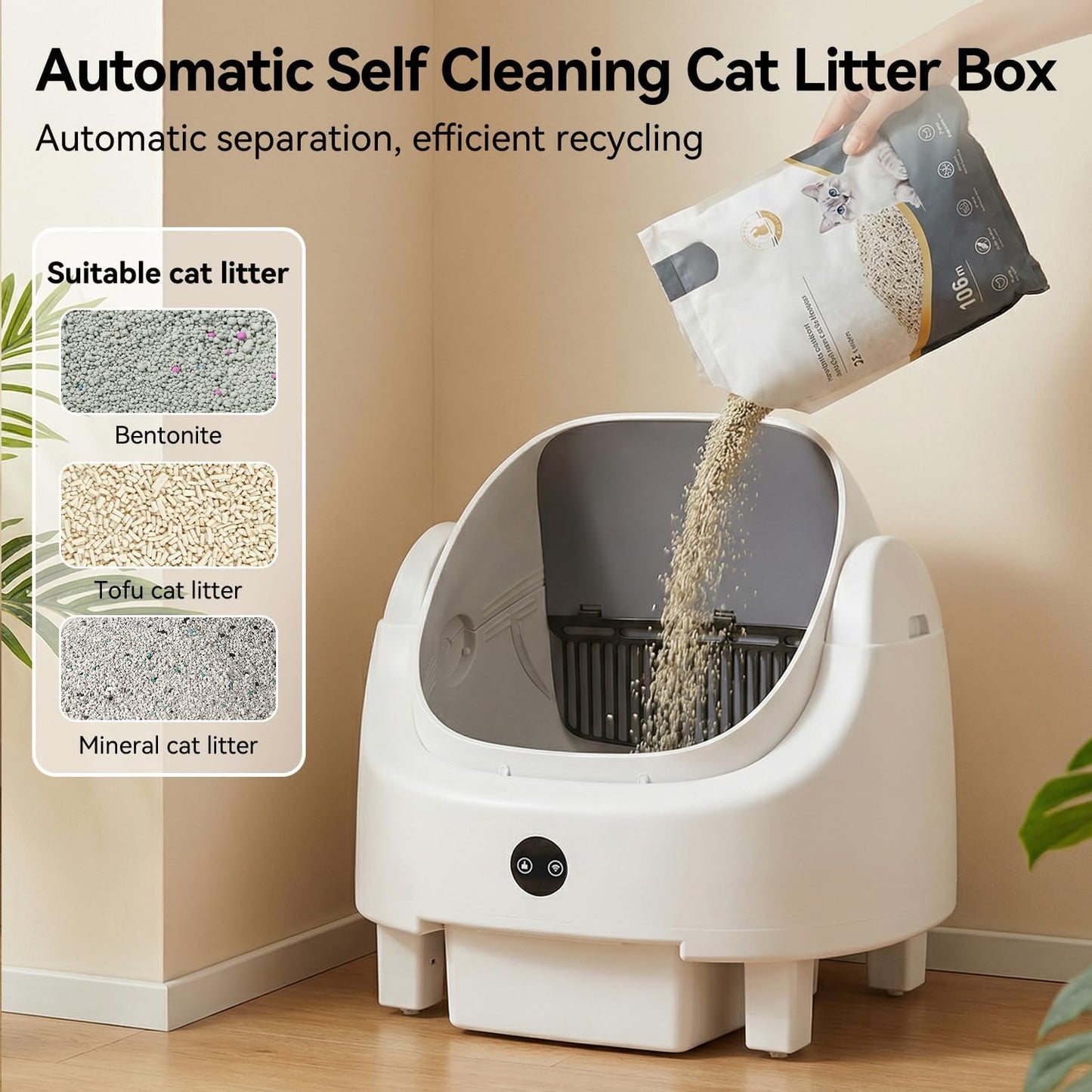 Automatic Litter Box App Control Self Cleaning Litter Box Odor Control＆Safety Protection for Multiple Cats with Garbage Bag, Cat Litter Mat and Fragrance Box, Ivory