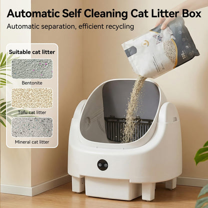 Automatic Litter Box App Control Self Cleaning Litter Box Odor Control＆Safety Protection for Multiple Cats with Garbage Bag, Cat Litter Mat and Fragrance Box, Ivory