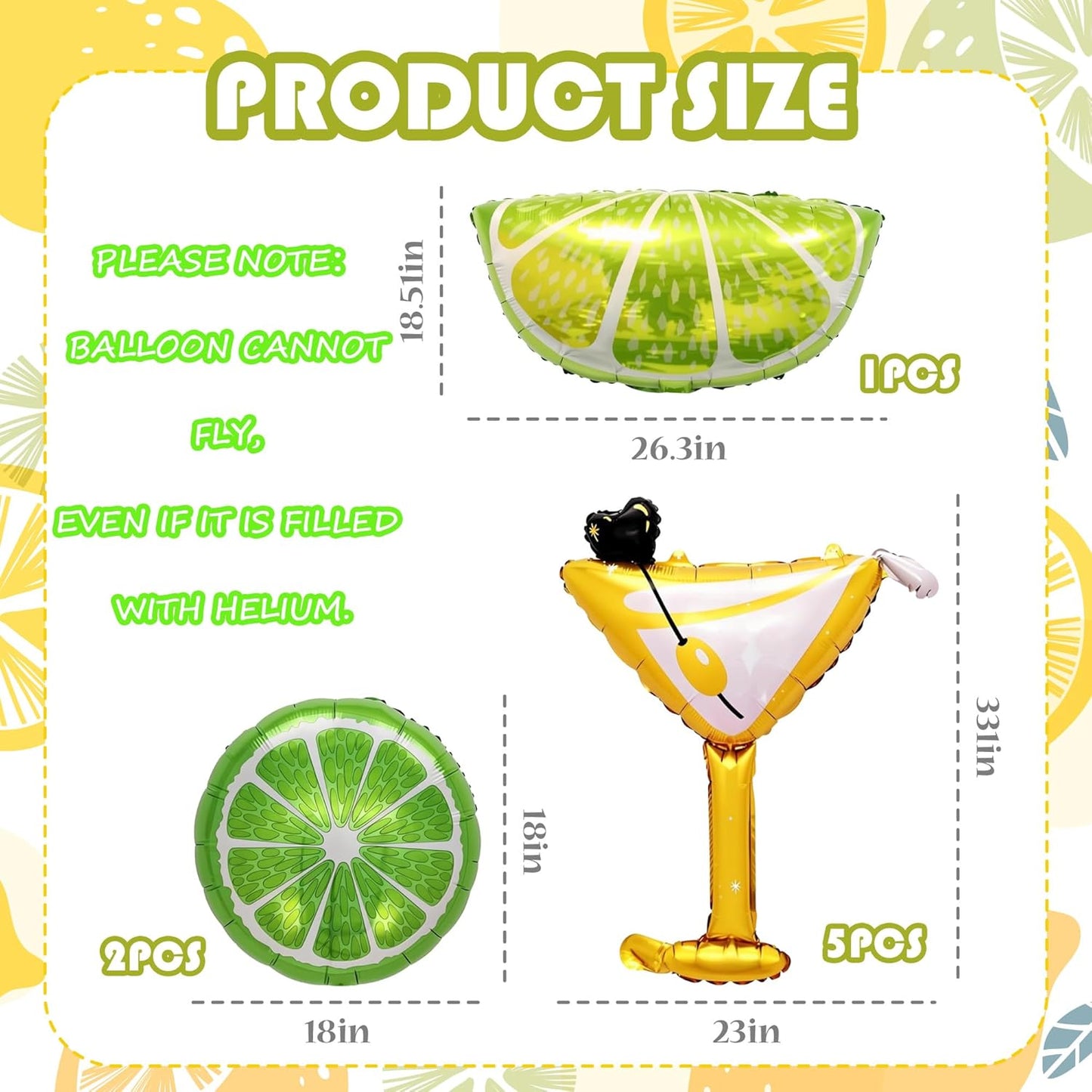Lemon-Balloons Margarita-Balloon 8PCS Lime Fruit Green Lemon Foil Balloons Margs and Matrimony Bachelorette Birthday Wedding Fiesta Party Decorations Supply