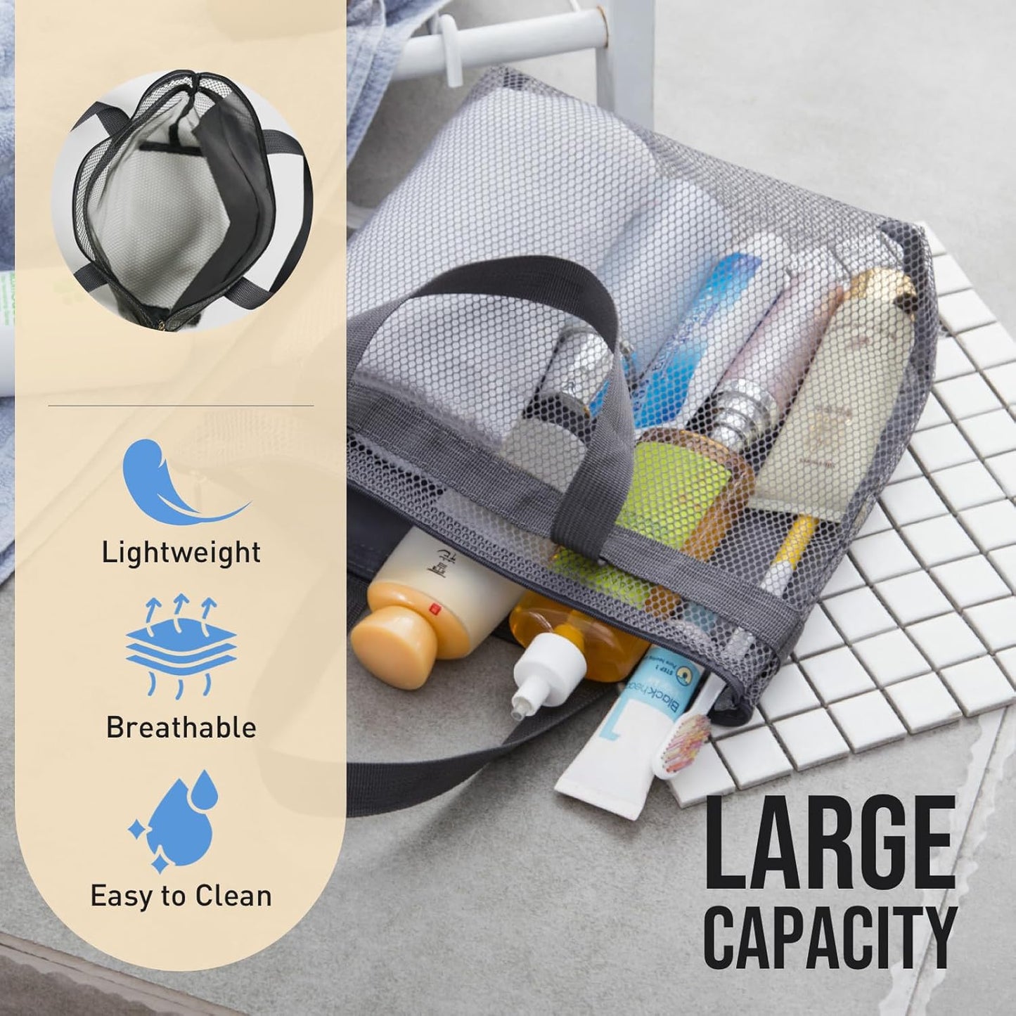Mesh Shower Caddy, Portable Shower Bag, Quick-Dry Hanging Caddy Bath Organizer with Zipper, Toiletry Bag Essentials for Camping Travel College Dorm Room Gym (Yellow)