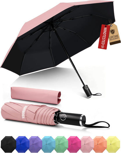 Compact Travel Umbrella, Windproof Automatic Folding UV Sun & Rain | One-touch automatic open close; windproof for heavy rain; UV protection fabric; lightweight for backpack car, men women kids
