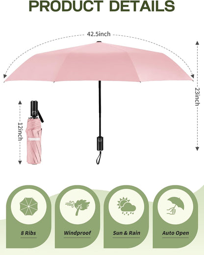 Compact Travel Umbrella, Windproof Automatic Folding UV Sun & Rain | One-touch automatic open close; windproof for heavy rain; UV protection fabric; lightweight for backpack car, men women kids