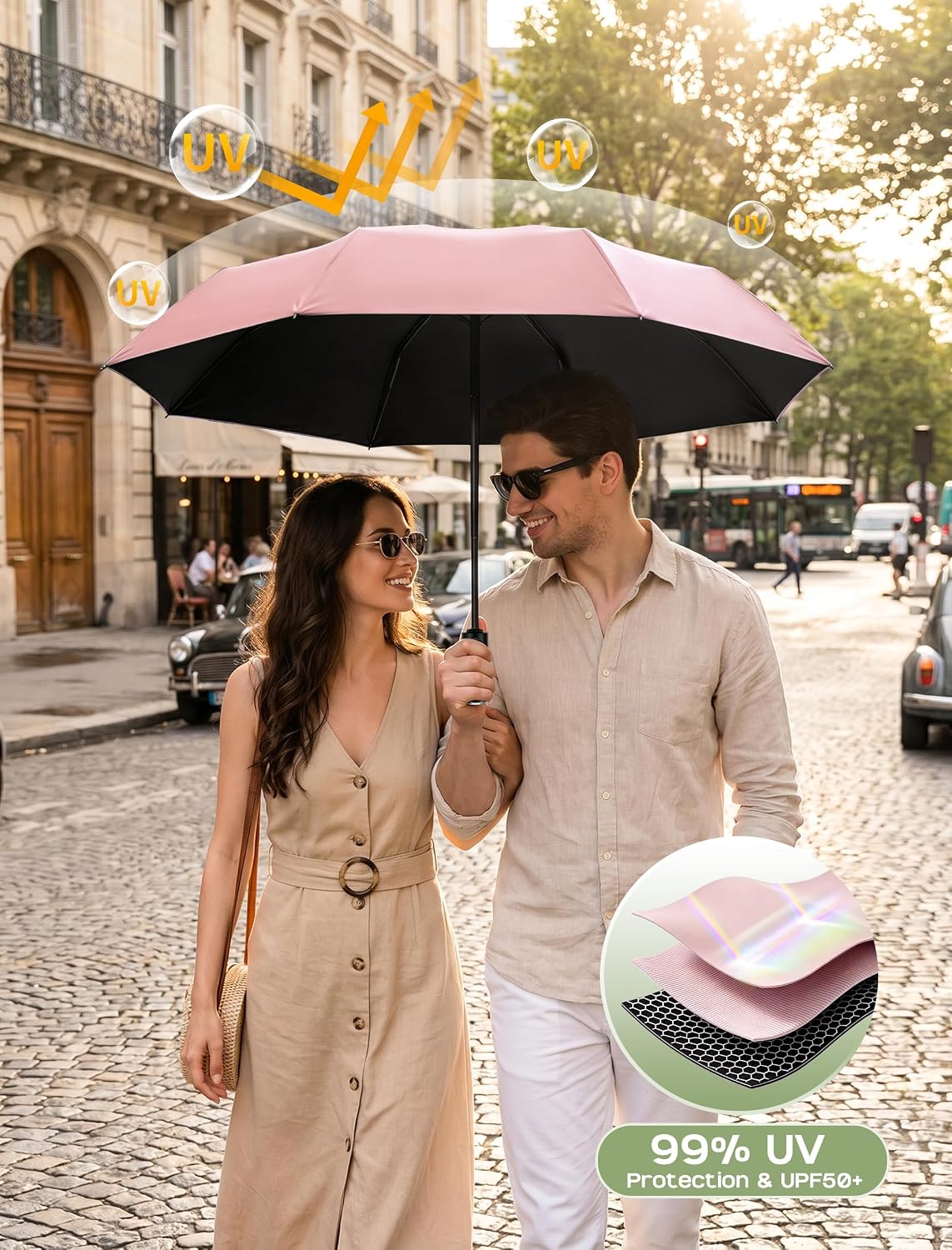 Compact Travel Umbrella, Windproof Automatic Folding UV Sun & Rain | One-touch automatic open close; windproof for heavy rain; UV protection fabric; lightweight for backpack car, men women kids