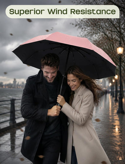 Compact Travel Umbrella, Windproof Automatic Folding UV Sun & Rain | One-touch automatic open close; windproof for heavy rain; UV protection fabric; lightweight for backpack car, men women kids