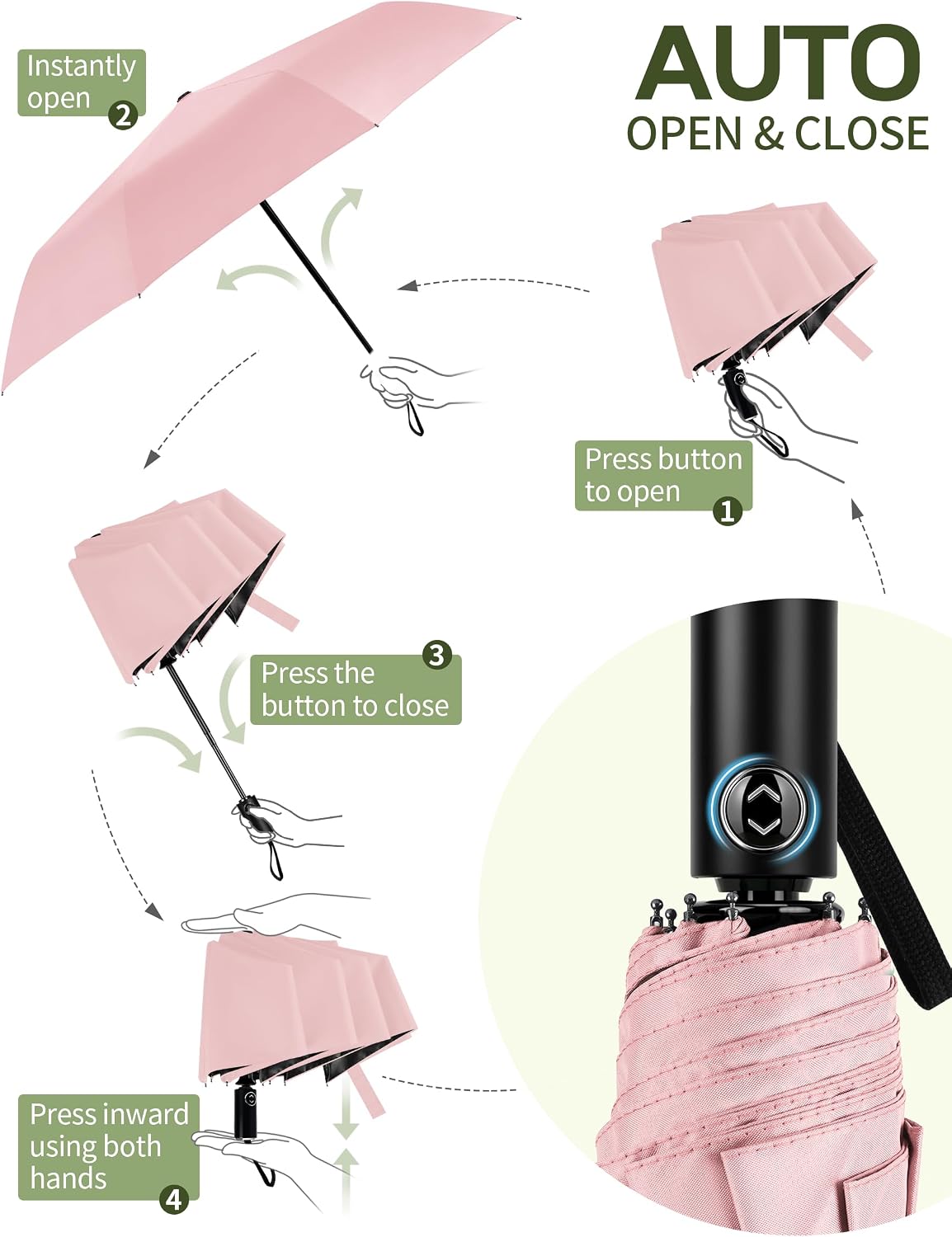 Compact Travel Umbrella, Windproof Automatic Folding UV Sun & Rain | One-touch automatic open close; windproof for heavy rain; UV protection fabric; lightweight for backpack car, men women kids