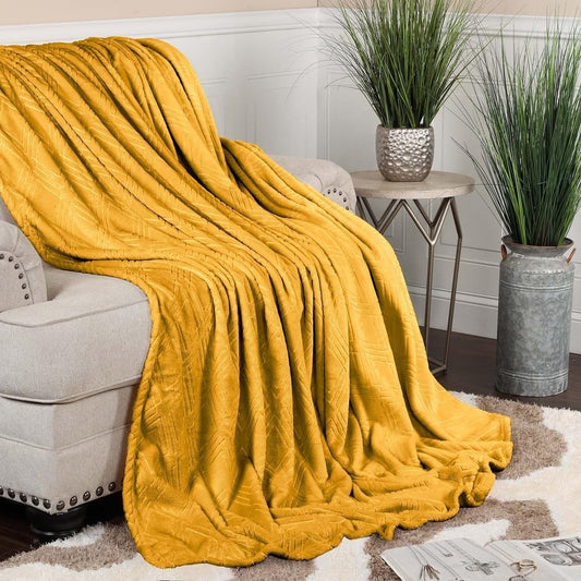 Ultra-Soft Plush Faux Fur Fleece Throw XL Blanket for Couch Bed Sofa Flannel Embossed Diamond Lattice Pattern | Mustard Gold Color All Seasons Decorative Luxury Cozy Feel Wrinkle & Fade Resistant