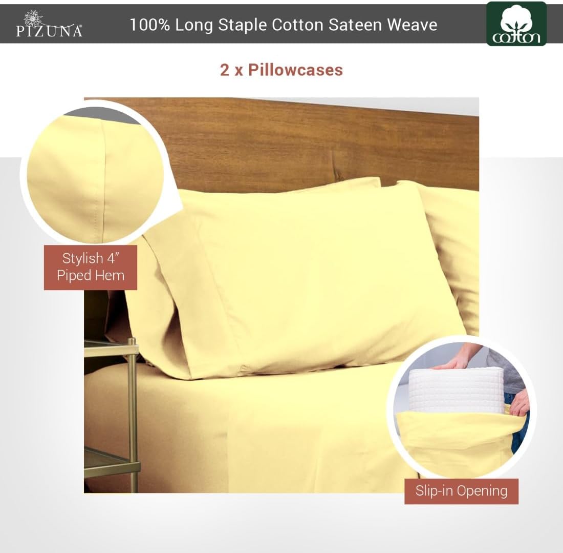 Pure 100% Cotton Pillow Cases Queen Size Set of 2 Mellow Yellow, Luxurious 400 Thread Count Long Staple Cotton Sateen with Stylish 4" Hem (Combed Mellow Yellow Cotton Pillow Cases Queen)