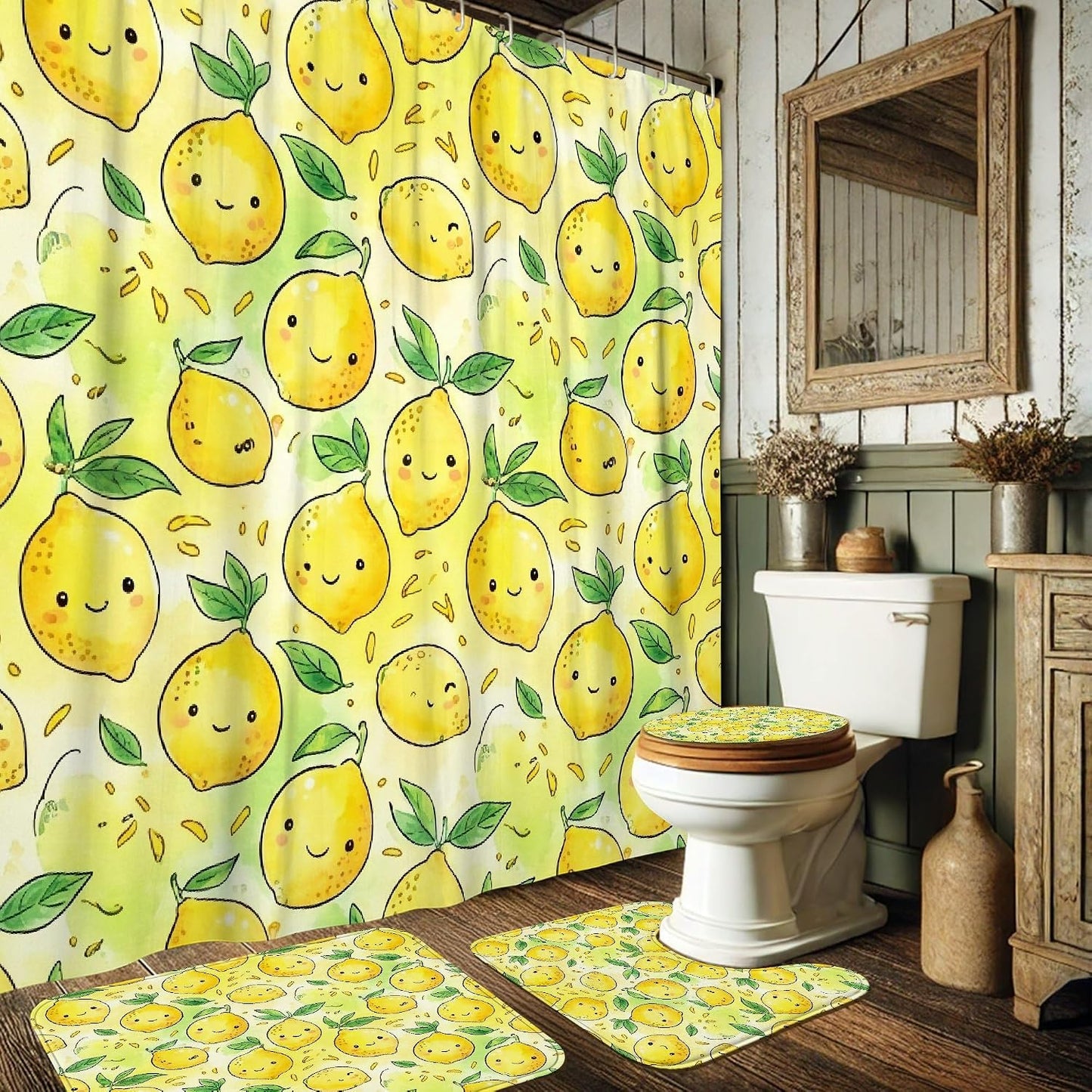 Lemon Shower Curtain Sets, Summer Playful Leaf Happy Emoticon Summer Yellow Waterproof Fabric Bathroom Bathtub Shower Curtain Sets with Rugs Decorative for Toile Bathtub Dorm 72x72 Inch