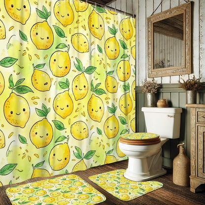 Lemon Shower Curtain Sets, Summer Playful Leaf Happy Emoticon Summer Yellow Waterproof Fabric Bathroom Bathtub Shower Curtain Sets with Rugs Decorative for Toile Bathtub Dorm 72x72 Inch