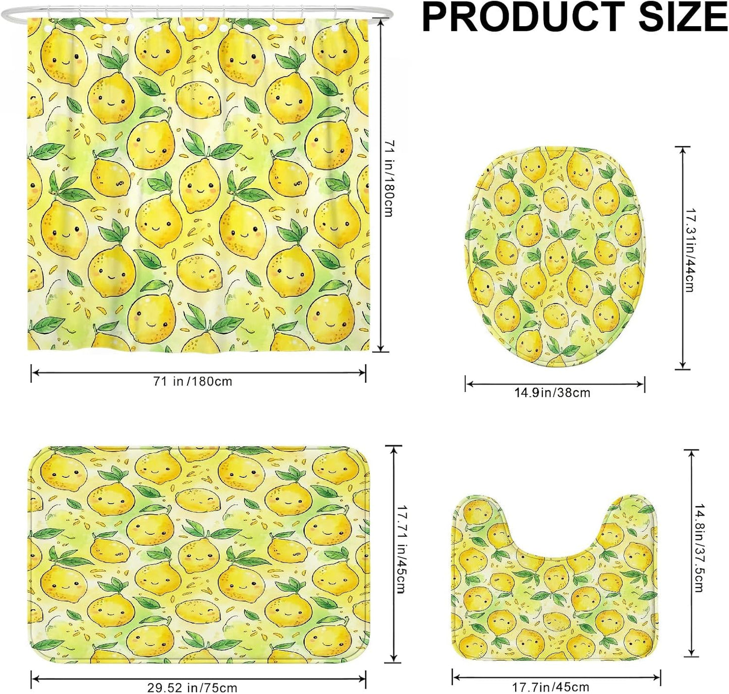 Lemon Shower Curtain Sets, Summer Playful Leaf Happy Emoticon Summer Yellow Waterproof Fabric Bathroom Bathtub Shower Curtain Sets with Rugs Decorative for Toile Bathtub Dorm 72x72 Inch