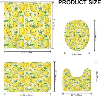 Lemon Shower Curtain Sets, Summer Playful Leaf Happy Emoticon Summer Yellow Waterproof Fabric Bathroom Bathtub Shower Curtain Sets with Rugs Decorative for Toile Bathtub Dorm 72x72 Inch