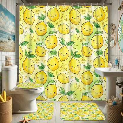 Lemon Shower Curtain Sets, Summer Playful Leaf Happy Emoticon Summer Yellow Waterproof Fabric Bathroom Bathtub Shower Curtain Sets with Rugs Decorative for Toile Bathtub Dorm 72x72 Inch