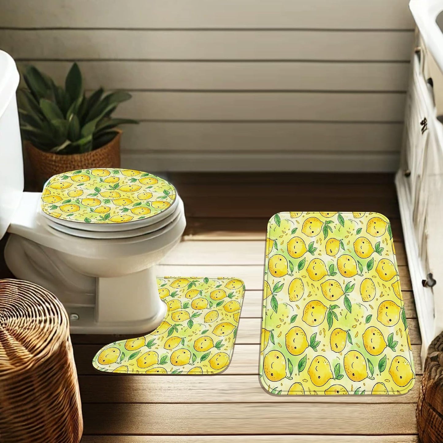 Lemon Shower Curtain Sets, Summer Playful Leaf Happy Emoticon Summer Yellow Waterproof Fabric Bathroom Bathtub Shower Curtain Sets with Rugs Decorative for Toile Bathtub Dorm 72x72 Inch