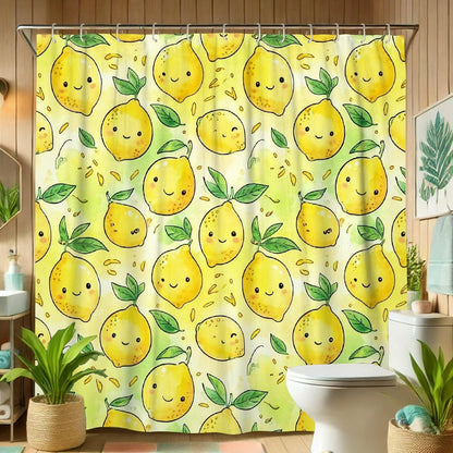 Lemon Shower Curtain Sets, Summer Playful Leaf Happy Emoticon Summer Yellow Waterproof Fabric Bathroom Bathtub Shower Curtain Sets with Rugs Decorative for Toile Bathtub Dorm 72x72 Inch