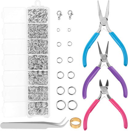 Jewelry Repair Kit with 1520 Silver Jump Rings and 3Pcs Pliers for Earrings, Necklaces, Rings, Bracelets