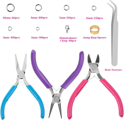 Jewelry Repair Kit with 1520 Silver Jump Rings and 3Pcs Pliers for Earrings, Necklaces, Rings, Bracelets