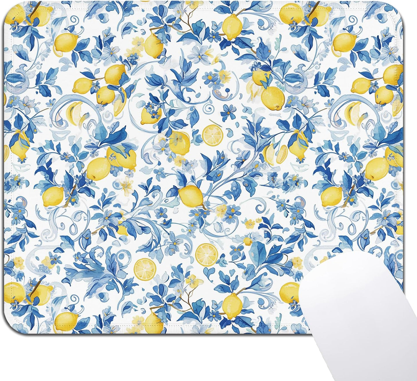 Lemon Chinoiserie Mouse Pad - Italian Lemon Lovers Gifts, Blue and White Square Mousepad for Office Computer Laptop, Non-Slip Rubber Base with Stitched Edge, 7.9x9.5 Inches