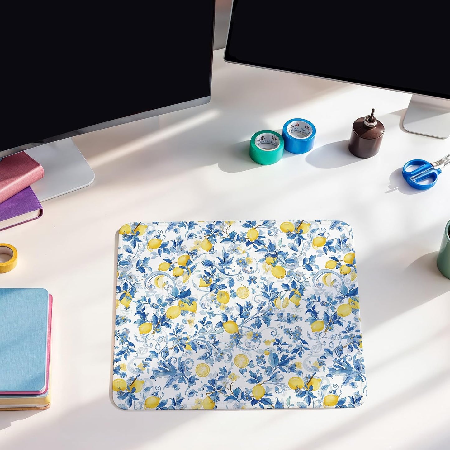 Lemon Chinoiserie Mouse Pad - Italian Lemon Lovers Gifts, Blue and White Square Mousepad for Office Computer Laptop, Non-Slip Rubber Base with Stitched Edge, 7.9x9.5 Inches