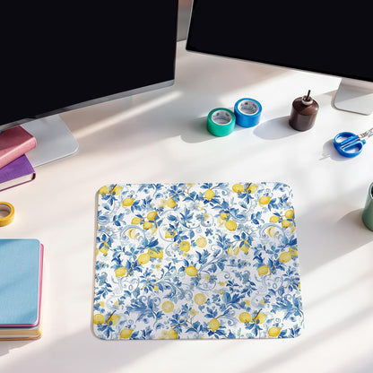 Lemon Chinoiserie Mouse Pad - Italian Lemon Lovers Gifts, Blue and White Square Mousepad for Office Computer Laptop, Non-Slip Rubber Base with Stitched Edge, 7.9x9.5 Inches