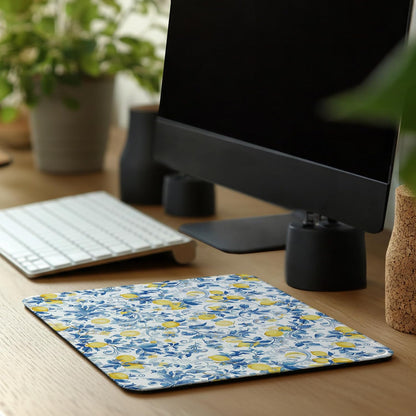 Lemon Chinoiserie Mouse Pad - Italian Lemon Lovers Gifts, Blue and White Square Mousepad for Office Computer Laptop, Non-Slip Rubber Base with Stitched Edge, 7.9x9.5 Inches