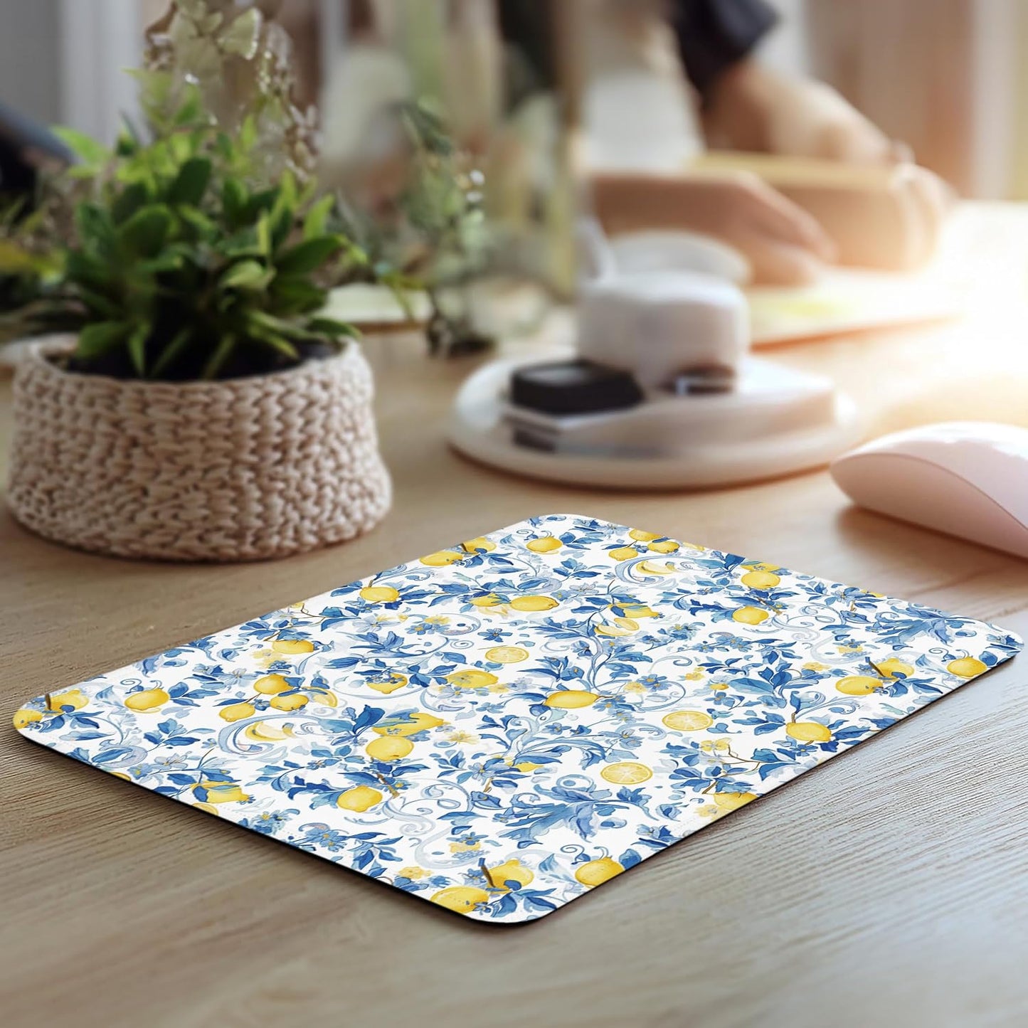 Lemon Chinoiserie Mouse Pad - Italian Lemon Lovers Gifts, Blue and White Square Mousepad for Office Computer Laptop, Non-Slip Rubber Base with Stitched Edge, 7.9x9.5 Inches