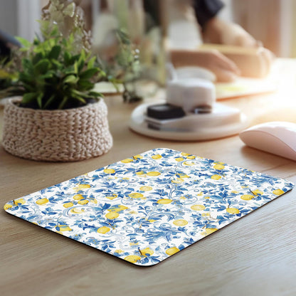 Lemon Chinoiserie Mouse Pad - Italian Lemon Lovers Gifts, Blue and White Square Mousepad for Office Computer Laptop, Non-Slip Rubber Base with Stitched Edge, 7.9x9.5 Inches