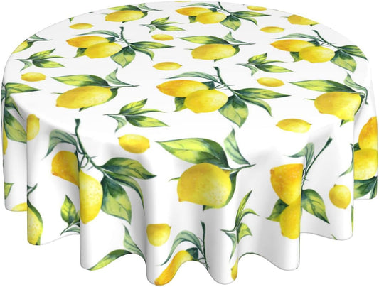 Lemon Tablecloth Round 60 Inches for Spring Summer Yellow Lemon Table Cloth Polyester Anti-Wrinkle Washable Circle Table Cover for Kitchen Dining Room Picnic Patio Wedding Party