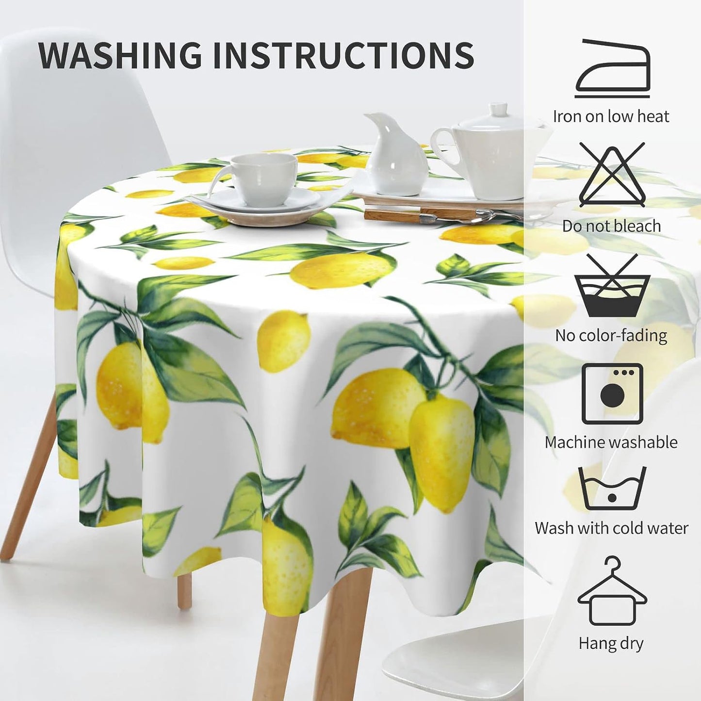 Lemon Tablecloth Round 60 Inches for Spring Summer Yellow Lemon Table Cloth Polyester Anti-Wrinkle Washable Circle Table Cover for Kitchen Dining Room Picnic Patio Wedding Party