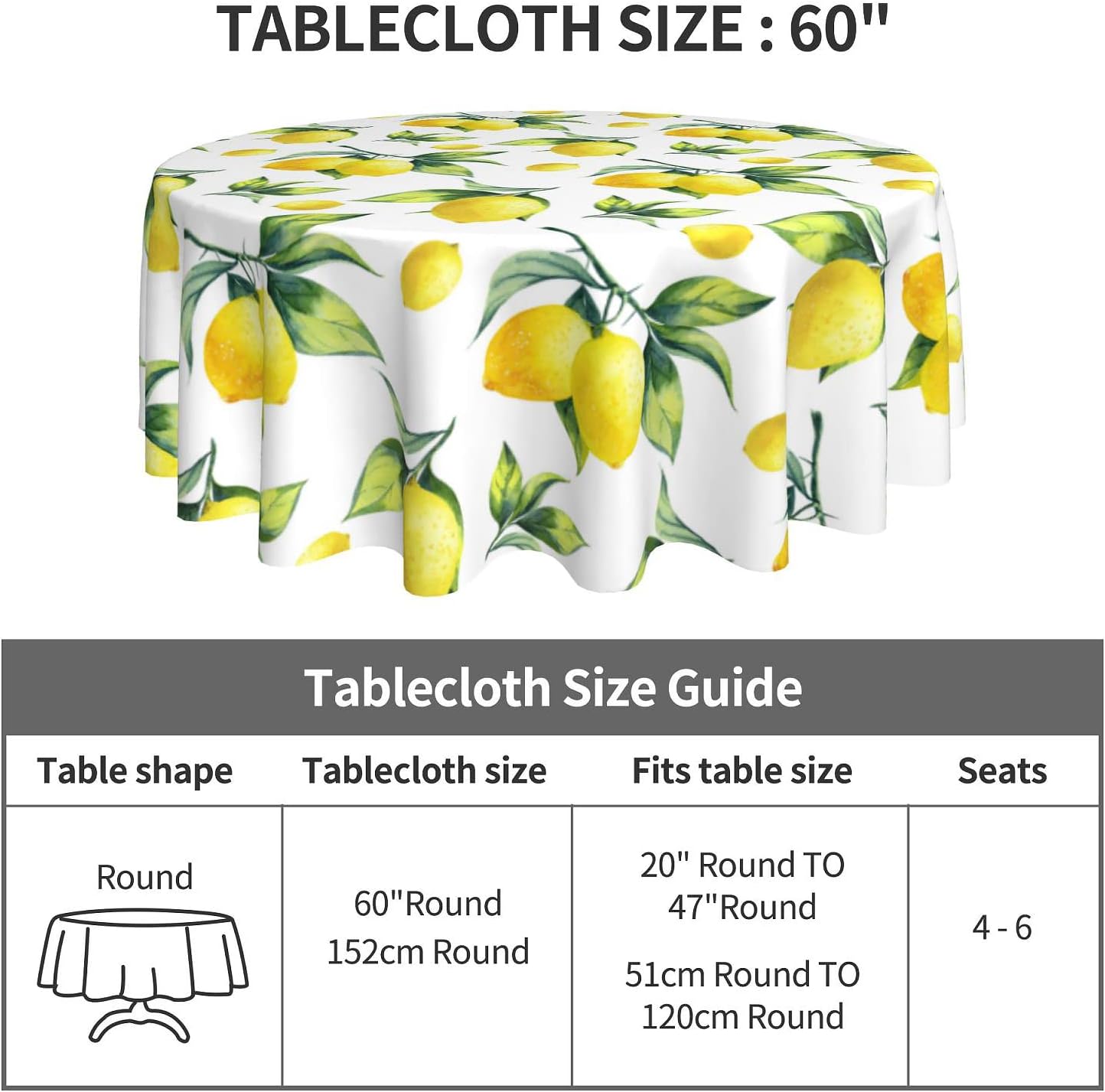 Lemon Tablecloth Round 60 Inches for Spring Summer Yellow Lemon Table Cloth Polyester Anti-Wrinkle Washable Circle Table Cover for Kitchen Dining Room Picnic Patio Wedding Party