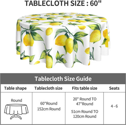 Lemon Tablecloth Round 60 Inches for Spring Summer Yellow Lemon Table Cloth Polyester Anti-Wrinkle Washable Circle Table Cover for Kitchen Dining Room Picnic Patio Wedding Party