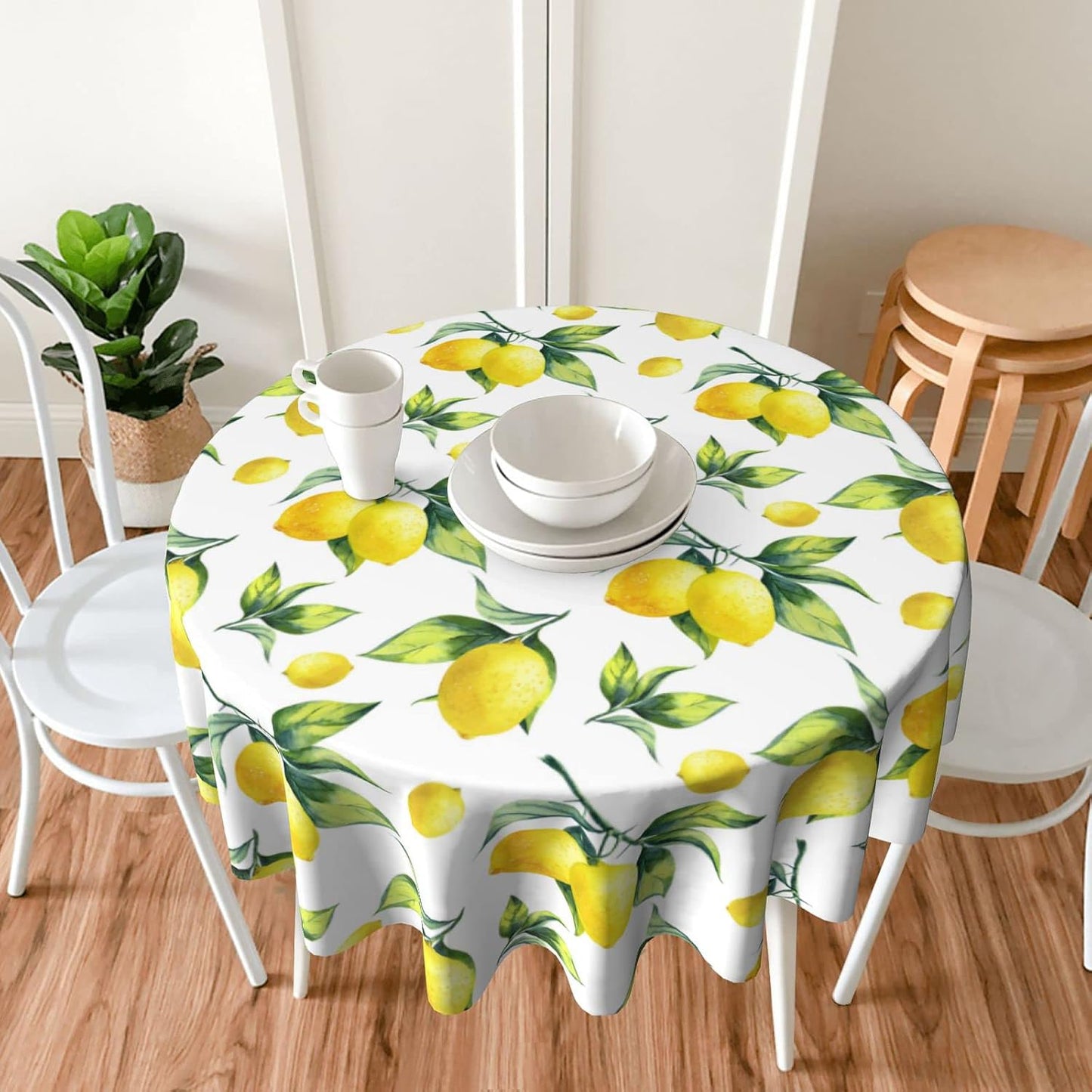 Lemon Tablecloth Round 60 Inches for Spring Summer Yellow Lemon Table Cloth Polyester Anti-Wrinkle Washable Circle Table Cover for Kitchen Dining Room Picnic Patio Wedding Party